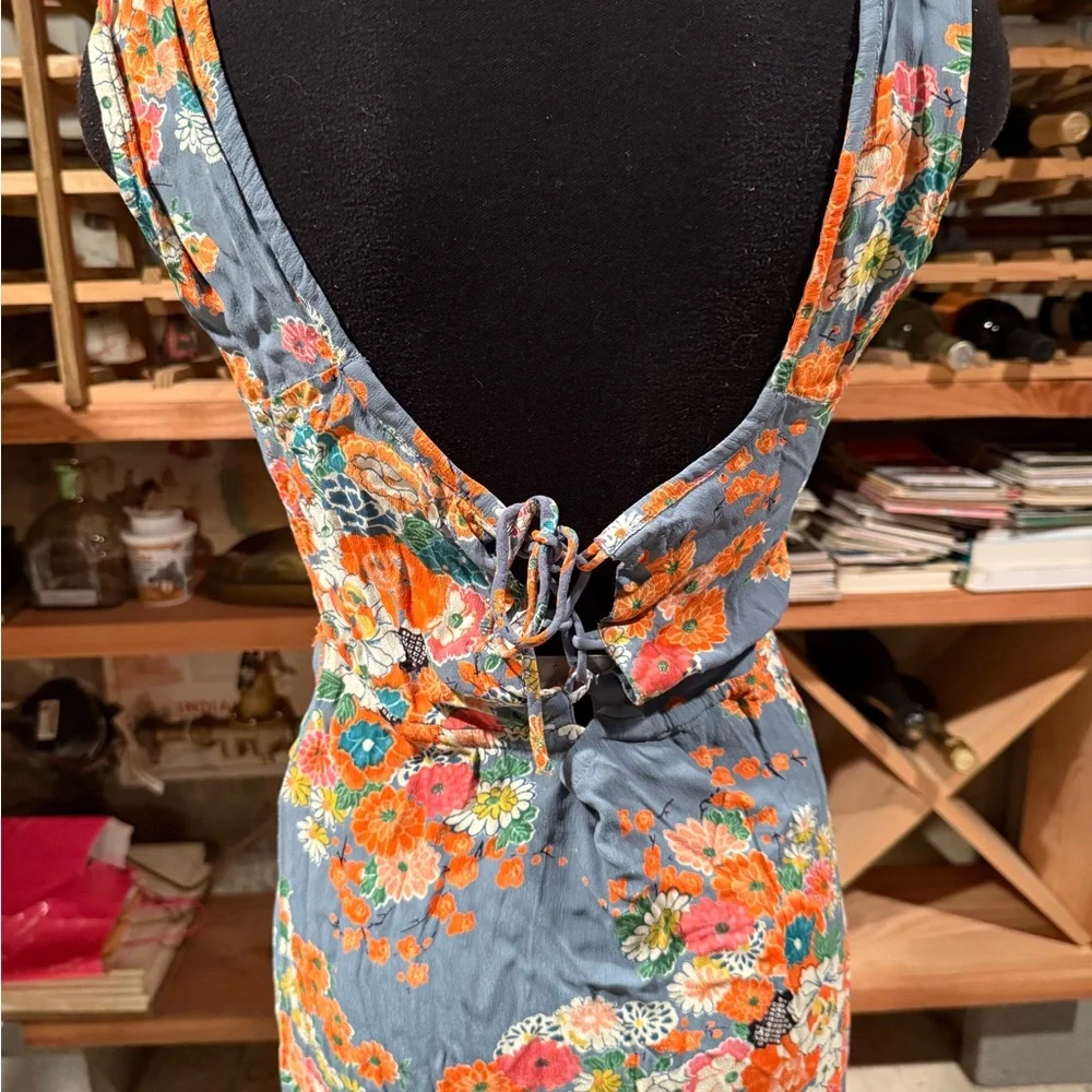 Free People Y2K Tie-up Back Floral Dress in Blue and Orange - Picture 3 of 7